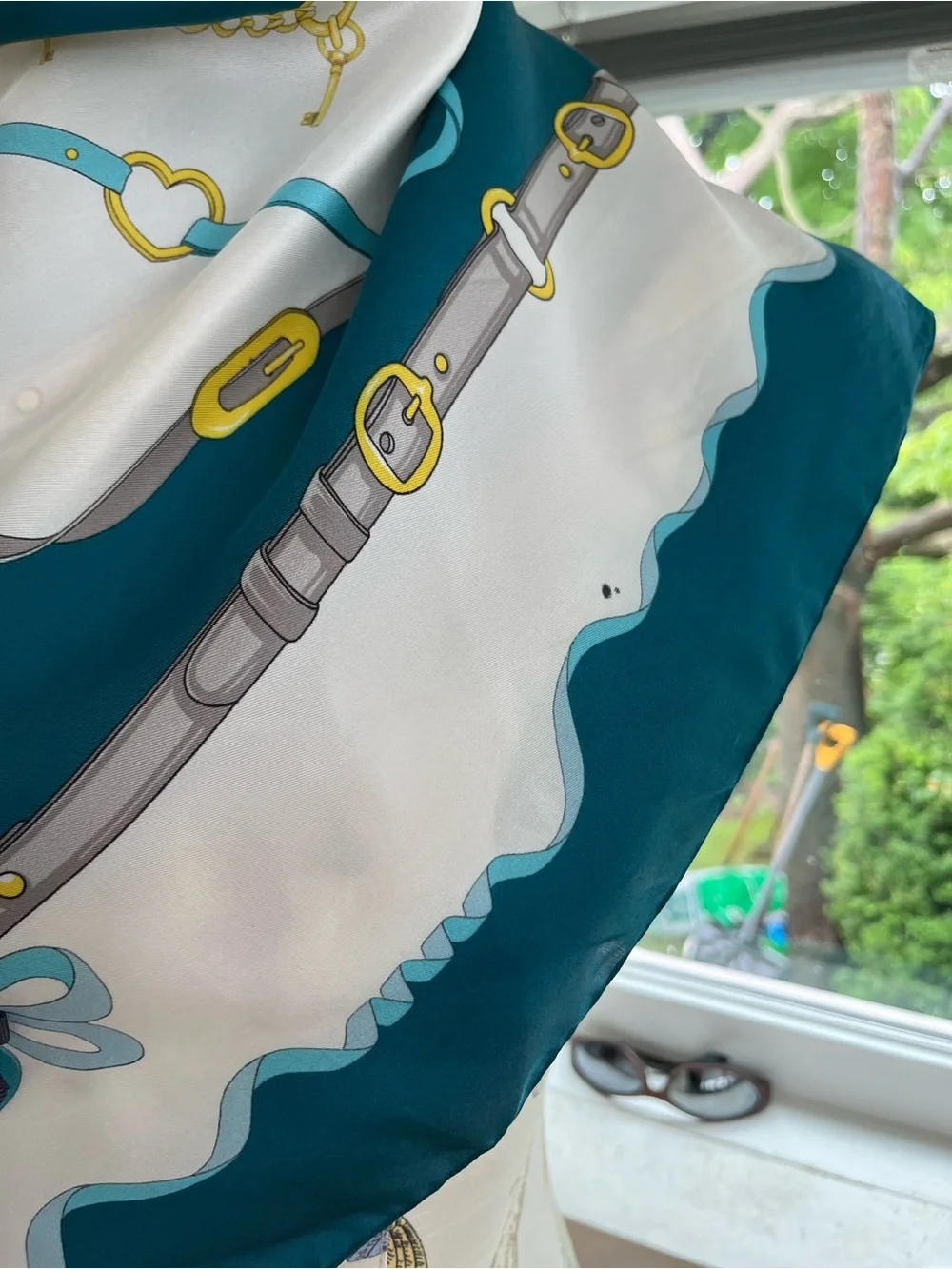 Silk-Feel Teal and White Decorative Women’s Scarf